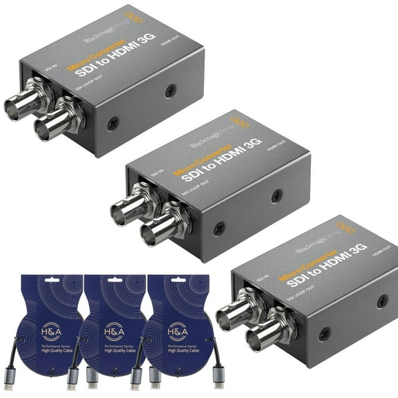 Blackmagic Design SDI to HDMI 3G Micro Converter with Power Supply With 3' HDMI Cables, 3-Pack