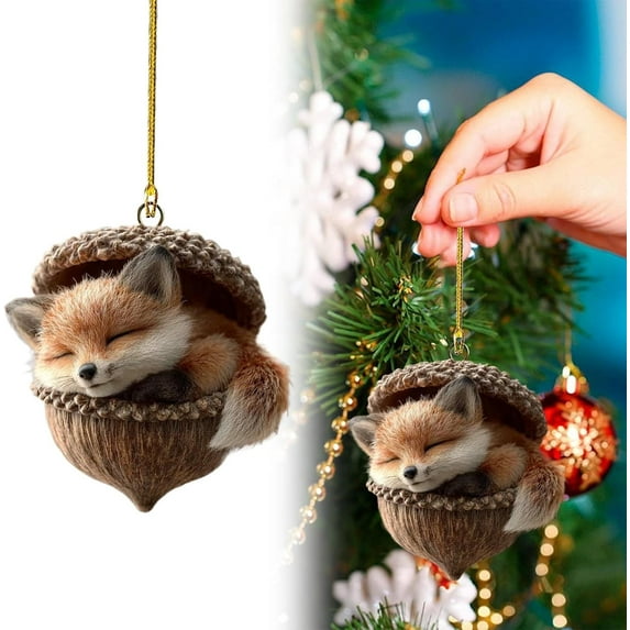 SDJMA Forest Animal Acorn Ornaments - Cozy Forest Christmas Ornaments,Acrylic Cute Forest Animal Christmas Trees Hanging Decorations,Rustic Nature-Themed Home Decor,Animal Lovers Gift (Fox)