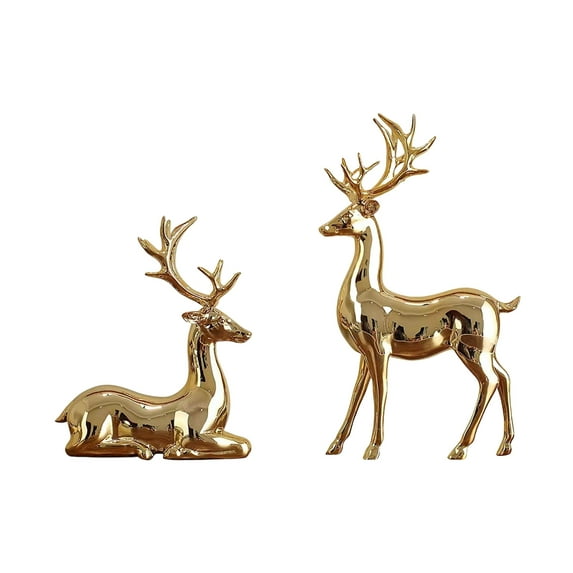 SDJMA Reindeer Statues Resin Deer Sculpture - Gold Finish European-Style Modern Decorations,Christmas Tabletop Ornaments for Mantel Fireplace Living Room Bedroom Home Decor,Set of 2