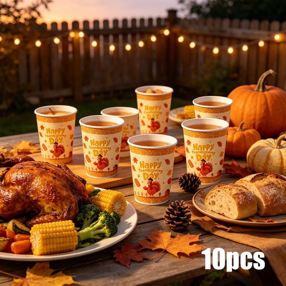SDJMa 10 Pcs Happy Thanksgiving Paper Cups, 2.92"x3.23" Gold Glitter Maple Leaves Pumpkin Turkey Disposable Cups for Autumn Harvest Party Supplies Decorations