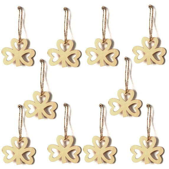 SDJMa 10Pcs St. Patrick's Day Shamrock Ornaments, Unfinished Lucky Clover Wooden Hanging Decorations with Hemp Rope, DIY Wood Label Tags Craft for Irish Lucky Day Home Decor Party Supplies