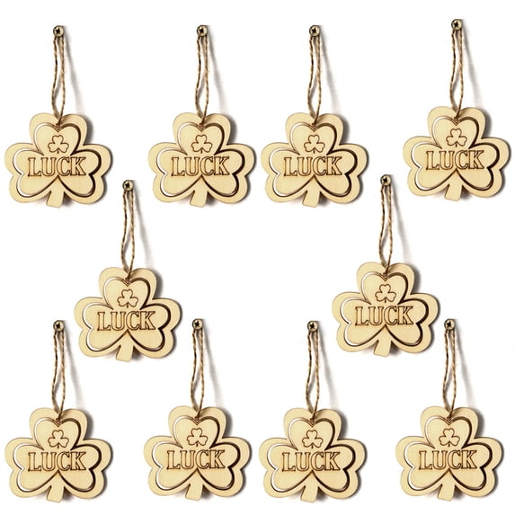 SDJMa 10Pcs St. Patrick's Day Shamrock Ornaments, Unfinished Lucky Clover Wooden Hanging Decorations with Hemp Rope, DIY Wood Label Tags Craft for Irish Lucky Day Home Decor Party Supplies