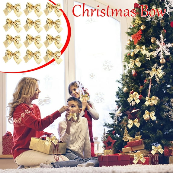 SDJMa 12 Pack Christmas Gold Bows Outdoor Decorations,Small Christmas Tree Topper Bow, Velvet Wreath Bow for Xmas Home Front Door Decor
