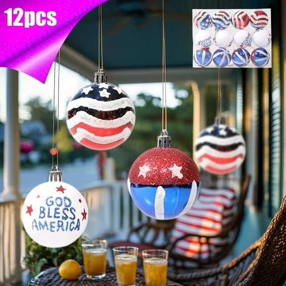 SDJMa 12 Pcs 4th of July Patriotic Ornaments, Red White Blue Glitter Stars Stripes Balls Tree Hanging Decorations for Independence Day Memorial Veteran's Day Home DIY Crafts