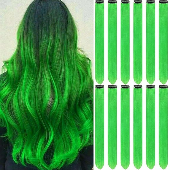 SDJMa 12 Pcs Clip in Hair Extensions, 22 Inch Colored Hair Extensions Party Highlights Long Straight Synthetic Hairpieces for Women Kids Girls (Army Green)
