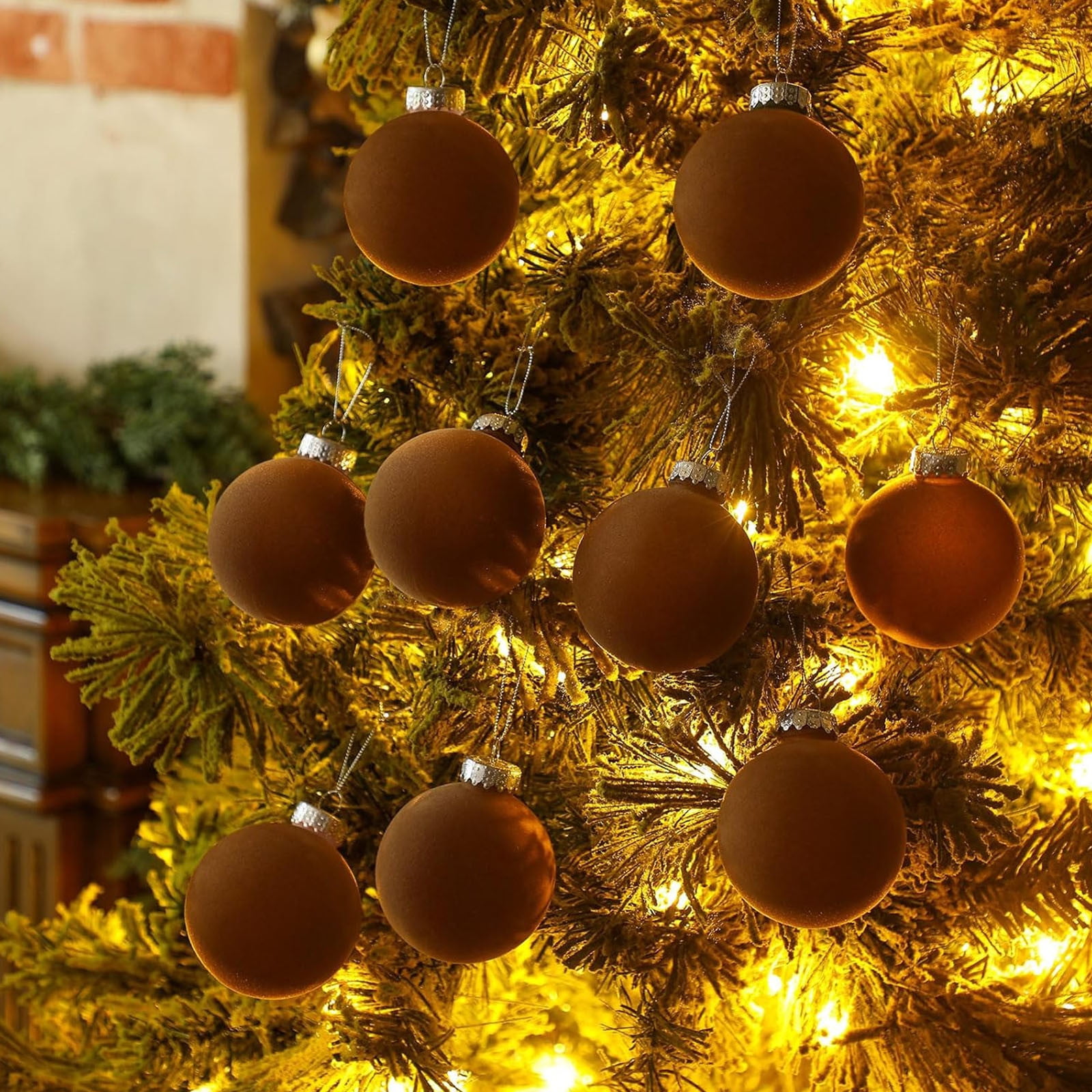SDJMa 12 Pcs Velvet Christmas Balls,Bulk Flocked Christmas Tree Ball Ornaments Plastic Balls Xmas Decorative Hanging Ornaments Christmas Tree Decoration (Brown,2.4 Inch)