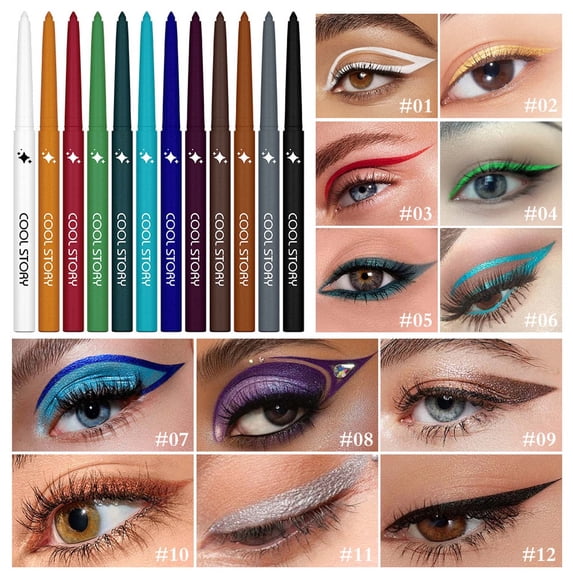 SDJMa 12Pcs Green Blue White Black Brown Purple Color Gel Glitter Eyeliner Pencils Set for Women Waterline Waterproof Smudge Proof ,Create Sparkling Eye makeup