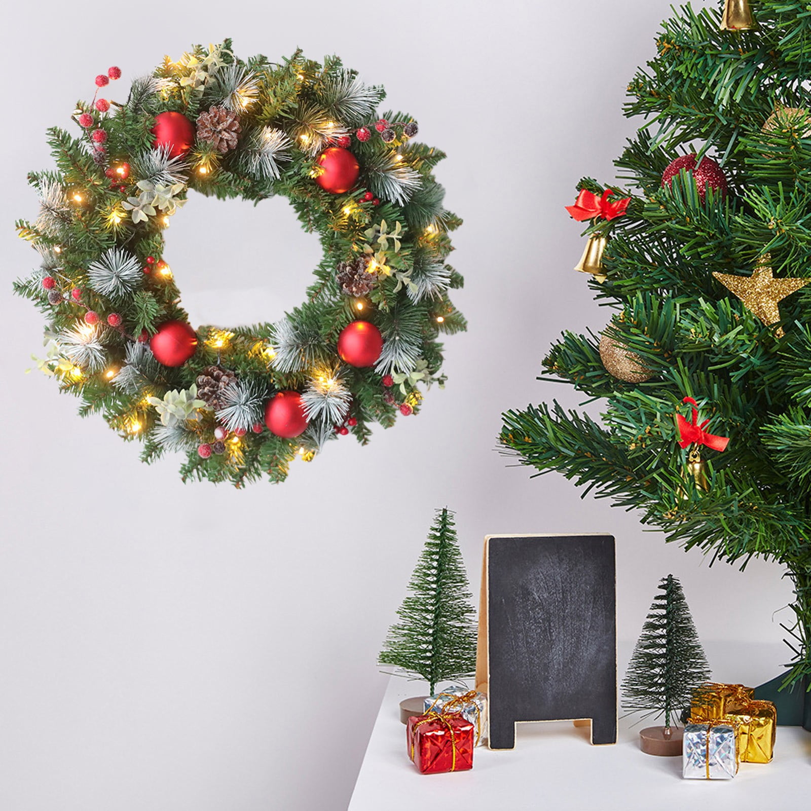 SDJMa 15.7 Inch Christmas Wreath with LED Lights, Outdoor Lighted