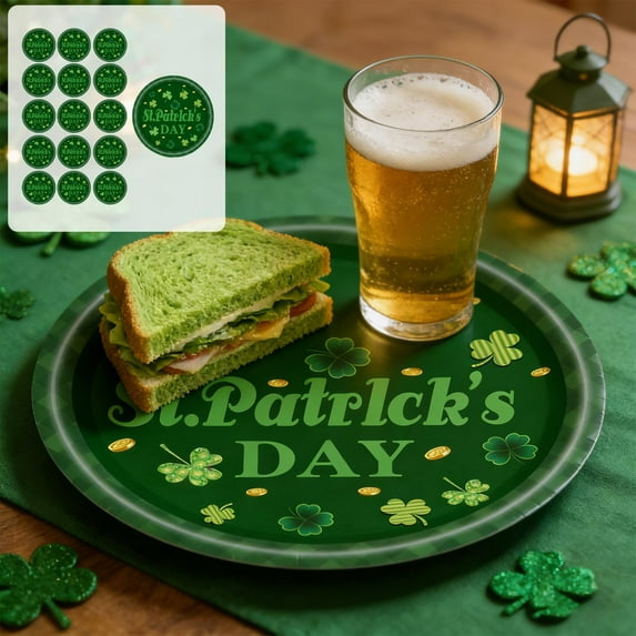 SDJMa 16 PCS St Patricks Day Paper Plates, 7" Green Clover Gold Coin Disposable Dinner Plates Dessert Plates for Irish Holiday Party Supplies