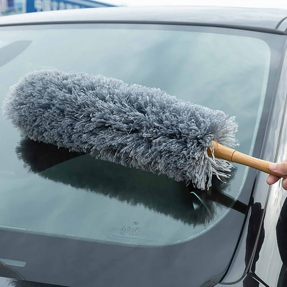SDJMa 18.5in Microfiber Duster Lightweight Feather Duster Comfortable Grip with Grey Bendable Head Beech Wood Handle for Home, Office and Car