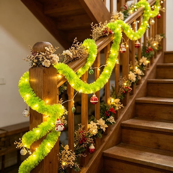 SDJMa 18.7FT Pre-lit Christmas Tinsel Garland, Lime Green Metallic Twisted Garland for Xmas Tree Winter Holiday Farmhosue Home Fireplace Mantel Staircase Railing Decor