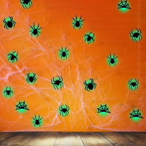 SDJMa 18 Pcs Lighted Halloween Spider Wall Decorations, Assorted Size 3D Spider Stickers with Green LED Lights for Halloween Party Home Bedroom Living Room Window Wall Decor
