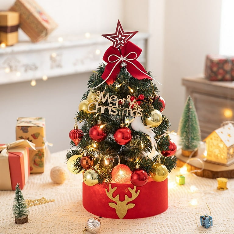 SDJMa 18 Tabletop Mini Christmas Tree Set with LED Light, Star  Treetop,Ornaments Balls,Bells and Pine Cones,Best DIY Christmas Decorations  Red