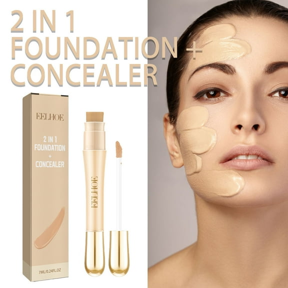 SDJMa 2 in 1 Foundation Anti-Wrinkle Concealer with Built-in Brush, Full Coverage Foundation Makeup, Foundation and Concealer Double Head Makeup Stick, Waterproof Concealer Make-Up For Fa