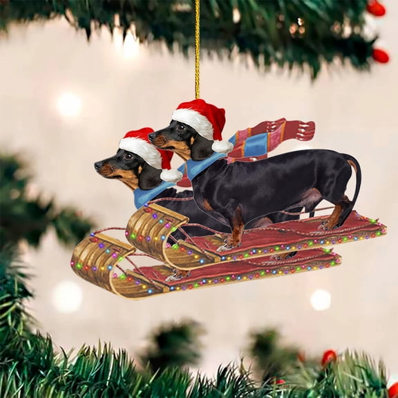 SDJMa 2 Pcs Christmas Dachshund Ornaments, Cute Santa Hat Dachshund with Sled, Hanging Ornaments for Xmas Tree Car Backpack Home Holiday Party Decorations, Christmas Gift for Dachshund Lovers