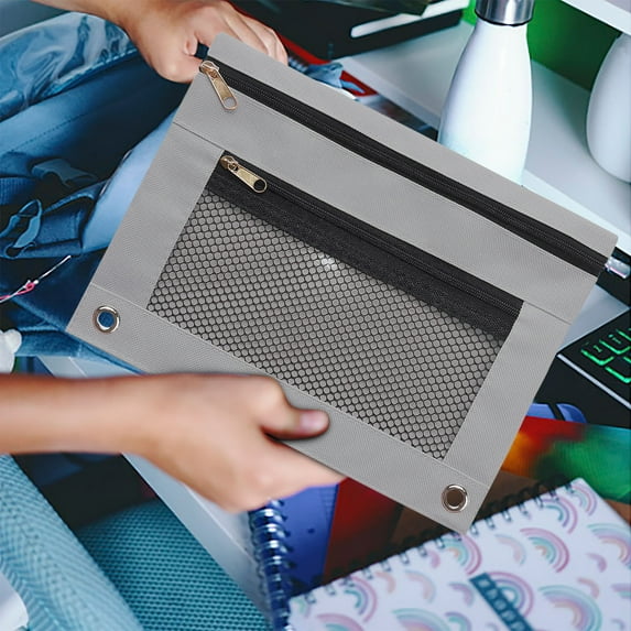 SDJMa 2 Pcs Pencil Pouch 3 Ring, 2 Pack Binder Pencil Pouch with Clear Window Pencil Bags with Zipper & Reinforced Grommets, Pencil Case for binder Black & Black(M)