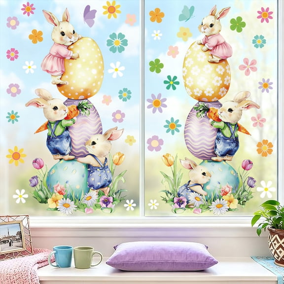 SDJMa 2 Sheets Easter Window Clings, Cute Stacked Bunny with Colored Eggs, Rustic Watercolor Easter Rabbit Window Stickers for Spring Party Home Office Glass Decor