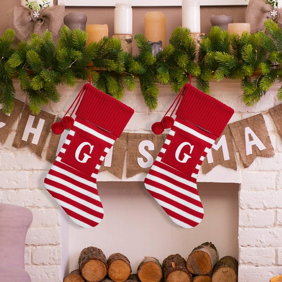SDJMa 20 Inches Initial Christmas Stocking Monogram Striped Christmas Stocking Red with White Embroidered Letter Christmas decorations -G