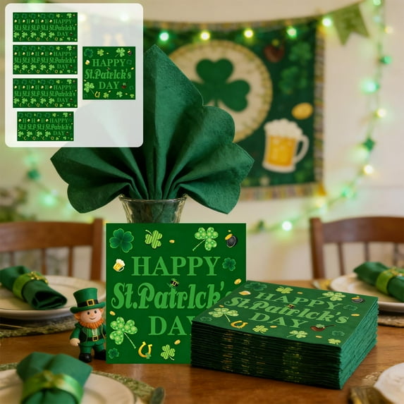 SDJMa 20 Pack Happy St. Patrick’s Day Napkins, Green Shamrock Disposable Paper Napkins for Irish Holiday Party Favors Supplies, 6.5x6.5 inches