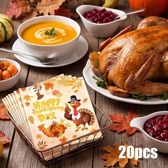 SDJMa 20 Pcs Happy Thanksgiving Paper Napkins, 6.5"x6.5" Gold Glitter Maple Leaves Pumpkin Turkey Disposable Napkins for Autumn Harvest Party Supplies Decorations