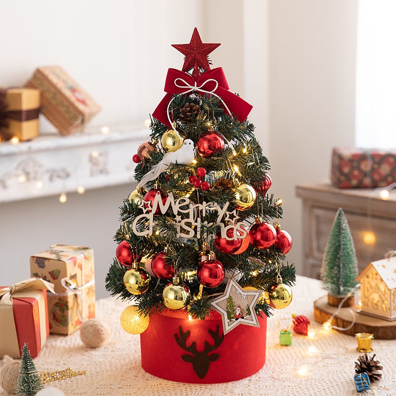 SDJMa 18 Tabletop Mini Christmas Tree Set with LED Light, Star  Treetop,Ornaments Balls,Bells and Pine Cones,Best DIY Christmas Decorations  Red