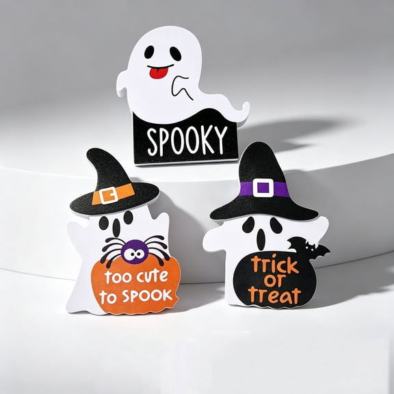 SDJMa 3 Pcs Halloween Ghost Table Decorations, Cute Cartoon Ghost Wooden Table Signs for Halloween Party Home Office Tiered Tray Decor