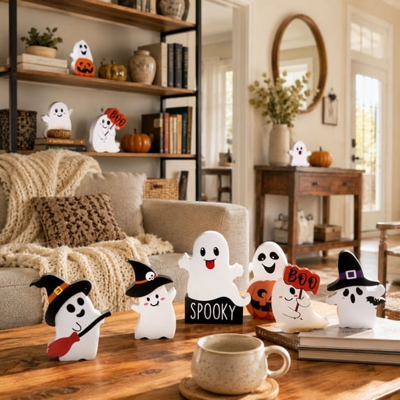 SDJMa 3 Pcs Halloween Ghost Table Decorations, Cute Cartoon Ghost Wooden Table Signs for Halloween Party Home Office Tiered Tray Decor