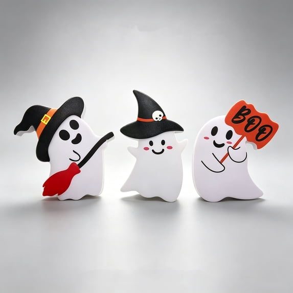 SDJMa 3 Pcs Halloween Ghost Table Decorations, Cute Cartoon Ghost Wooden Table Signs for Halloween Party Home Office Tiered Tray Decor