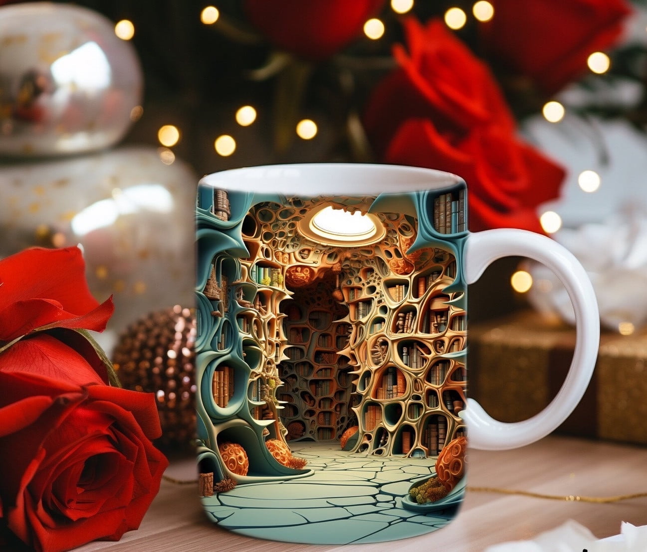 SDJMa 3D Bookshelf Mug 3d Bookcase Ceramic Mug Creative Space