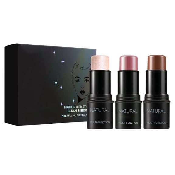 SDJMa 3PCS Multi-Function Cream Makeup Stick Set, 3-in-1 Highlighter Contour & Blush for Face Sculpting, Buildable & Blendable, Natural Finish, Easy to Use (B)