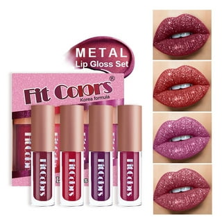  Kawaii Kisses Glitter Lip Kit, Sparkly Diamond and Metallic Lip  Gloss, Lip Gloss Lipstick, Glitter Lip Makeup, 4 Colors Glitter Lip Kit  with Lip Primer and Brush (Warm color) 