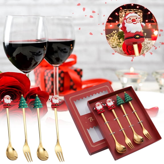 SDJMa 4Pcs Christmas Coffee Spoons with Red Gift Box Creative Christmas Tree Santa Star Stainless Steel Spoons for Dinner Tableware Dessert Tea Soup Stirring Spoon Practical Xmas Gift