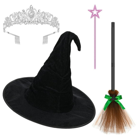 SDJMa 4Pcs Witch Princess Costume Accessories Include Princess Crown Wand and Witch Hat Broom for Halloween