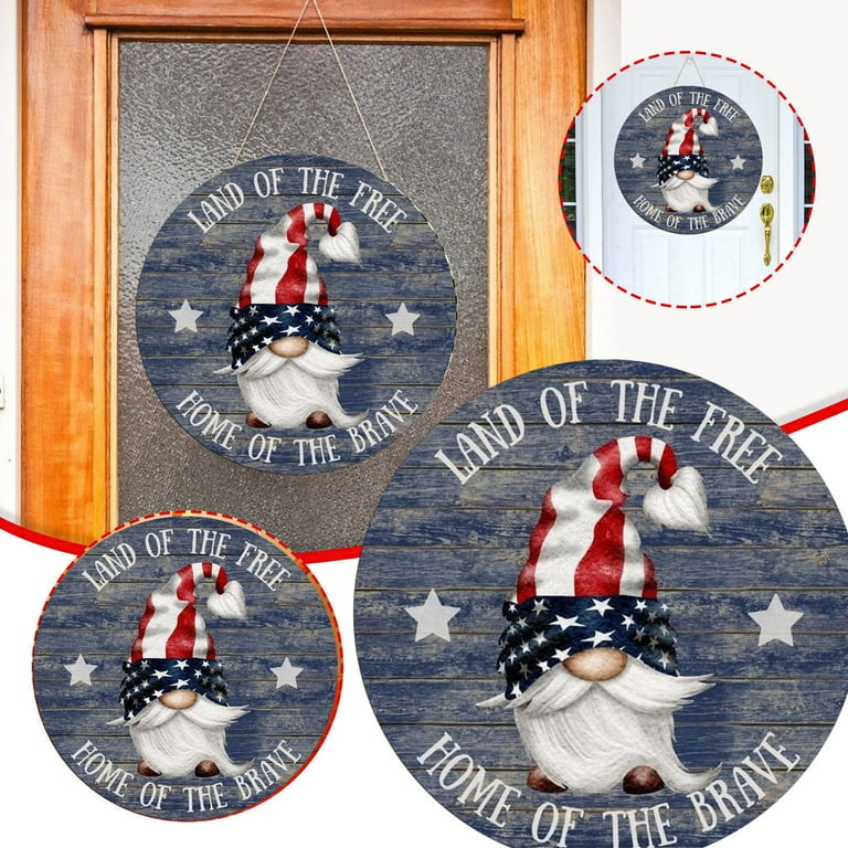 SDJMa 4th of July Decorations Welcome Sign for Front Door Land of The Free Home of The Brave Wood Sign Wreath with Star Stripes Gnomes Round