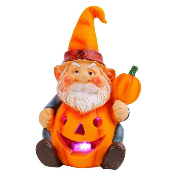 SDJMa 5.5" Halloween Gnome Figurine with LED Light, Battery Operated Lighted Gnome Pumpkin Resin Statue for Halloween Party Home Tabletop Decor
