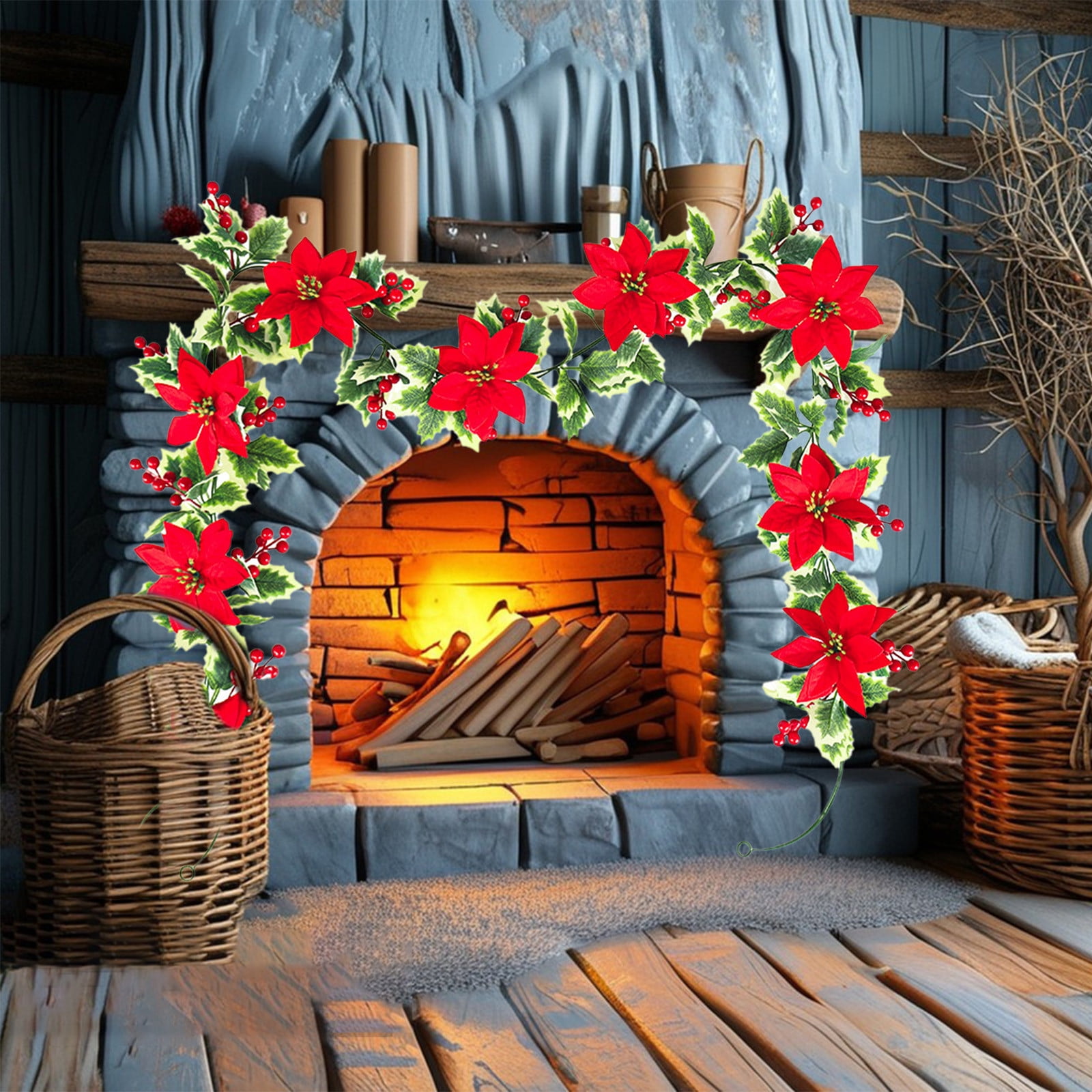 SDJMa 6.56Ft Christmas Poinsettia Garland, Artificial Greenery Garland with Red Flowers Berries Holly Leaves for Xmas Winter Holiday Farmhouse Home Fireplace Mantel Decor