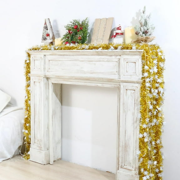 SDJMa 6Ft Christmas Snowflake Tinsel Garland Xmas Tree Decorations Golden White Metallic Twist Garland Ceiling Hanging Decorations for Indoor Outdoor New Year Holiday Party Supplies