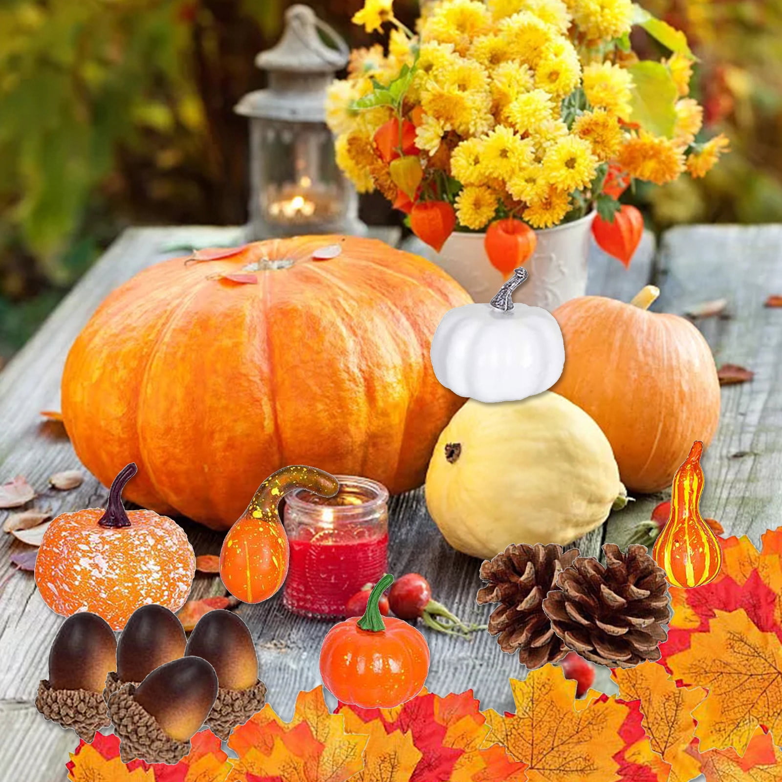 SDJMa 92 Pcs Fall Harvest Decorations Set, Small Artificial Pumpkins Gourds Acorns Pinecones