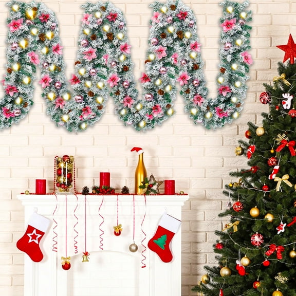 SDJMa 9Ft Lighted Christmas Poinsettia Garland, LED Artificial Greenery Garland Lights with Pink Flowers Christmas Balls Pinecones for Xmas Winter Holiday Wedding Party Home Fireplace Mantel Decor