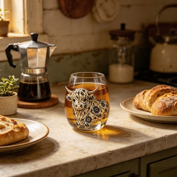 SDJMa Animal Glassware, Stemless Wine Glass with 2D Highland Cattle Print for Wine Cocktails Halloween Parties Decor, 15oz/240ml