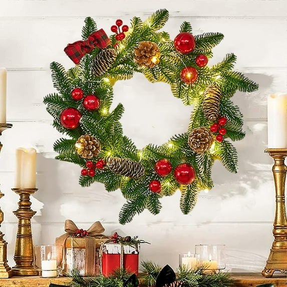 SDJMa Artificial Christmas Wreath, 15.7" Cordless Pre-lit Christmas Wreath with Light Bow Pinecones Berries and Christmas Balls, Xmas Hanging Home Decoration for Front Porch Wall Window Decor