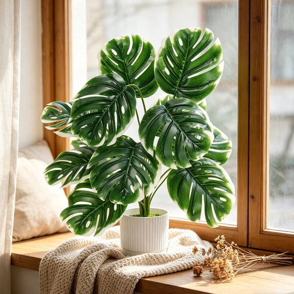 SDJMa Artificial Monstera Potted Plant, Fake Tropical Plant in Pot for Spring Summer Farmhouse Home Bathroom Laundry Room Decoration