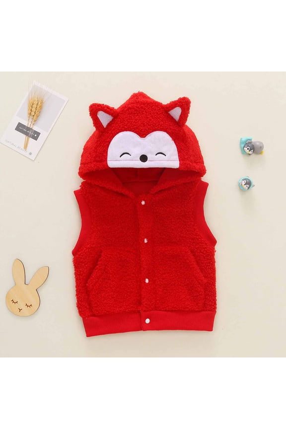 Baby Boys Girls Hooded Cotton Vest Winter Lightweight Sleeveless Cute Red Fox Button Jacket With Pocket