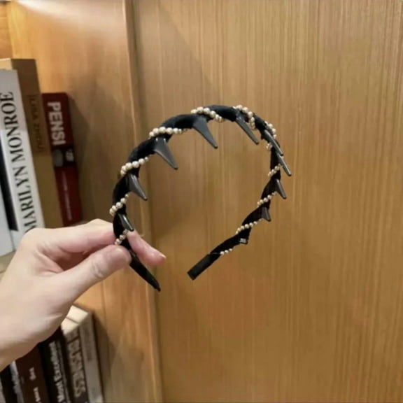 SDJMa Black Vintage Pearl-Embellished Velvet Headband – Non-Slip High Crown Hairband for Face-Lifting & Styling