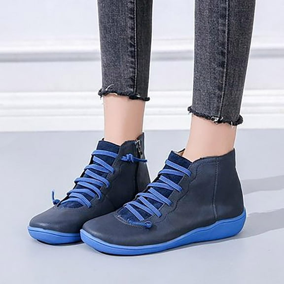 SDJMa Boots for Women Winter Casual Leather Lace Up Side Zipper Round Toe Retro Booties Comfort Ankle Flat Snow Boots