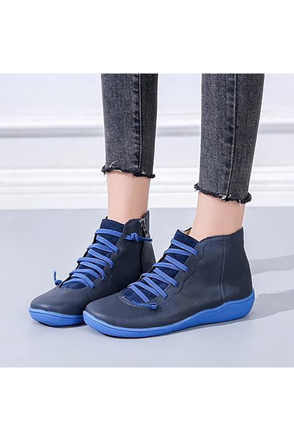 Boots for Women Winter Casual Leather Lace Up Side Zipper Round Toe Retro Booties Comfort Ankle Flat Snow Boots