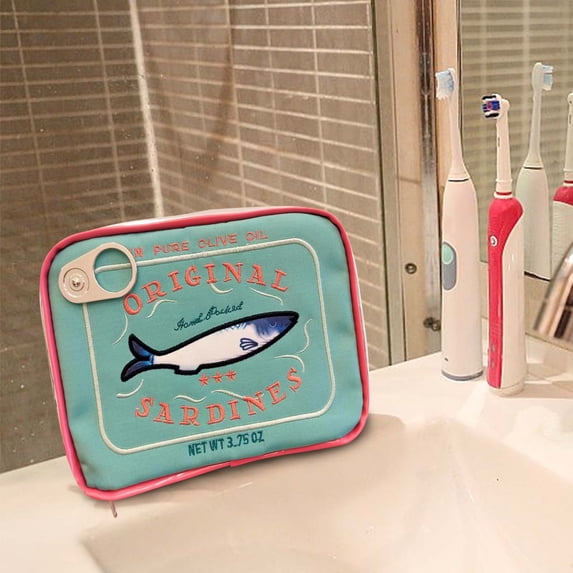 SDJMa Canned Sardines Makeup Bag, Funny Sardine Tin Fish Cosmetic Bag, Creative Cute Makeup Bag Pencil Case Pouch,Cosmetic Canned Fish Toiletry Bag for Women(Light Blue)