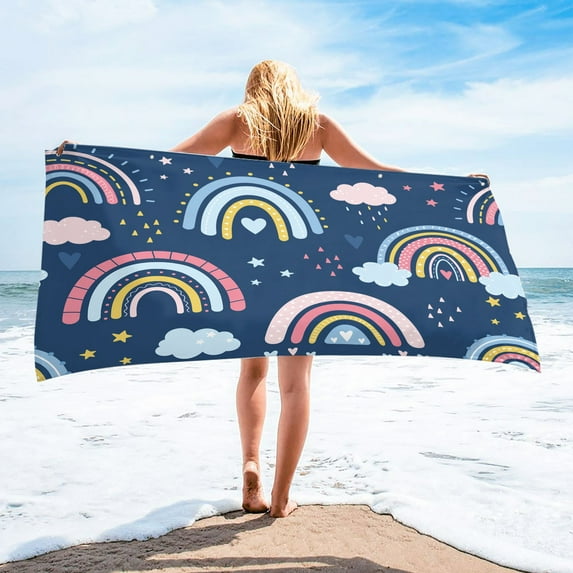 SDJMa Cartoon Rainbow Printed Microfiber Beach Towel Fast Drying, Oversized 30" x 60" Sand Free Beach Blanket Super Lightweight Towels for Swimming Pool, Camping, Picnic, Yoga Gym Sports
