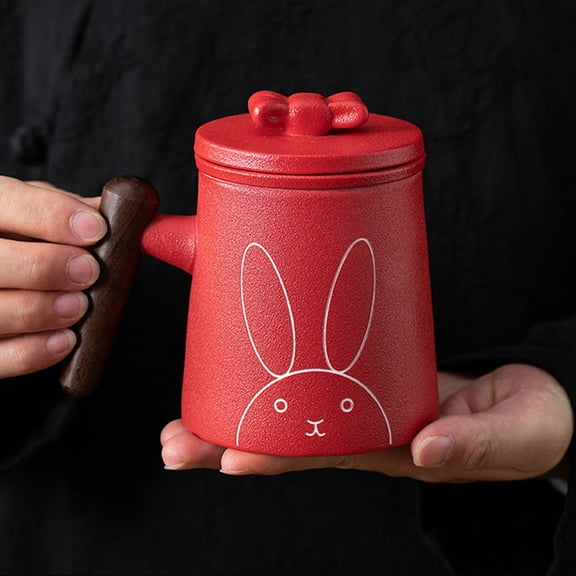 SDJMa Ceramic Tea Infuser Cup with Lid, Cute Bunny Rabbit Bow Wooden Handle Tea Cup, Coffee Mug Gift for Women