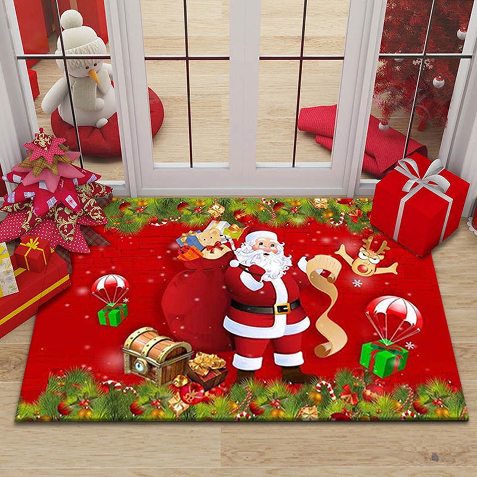Christmas Door Mat Indoor Entrance Christmas Santa Claus with Gifts Village  Snow Front Door Mat Non-Slip Absorbent Kitchen Doormat Washable Floor Mats